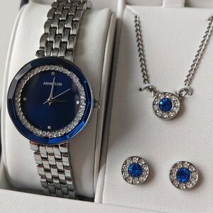 Armitron Womens Watch Jewelry Set Earrings Blue Dial Crystal Silver Tone New
